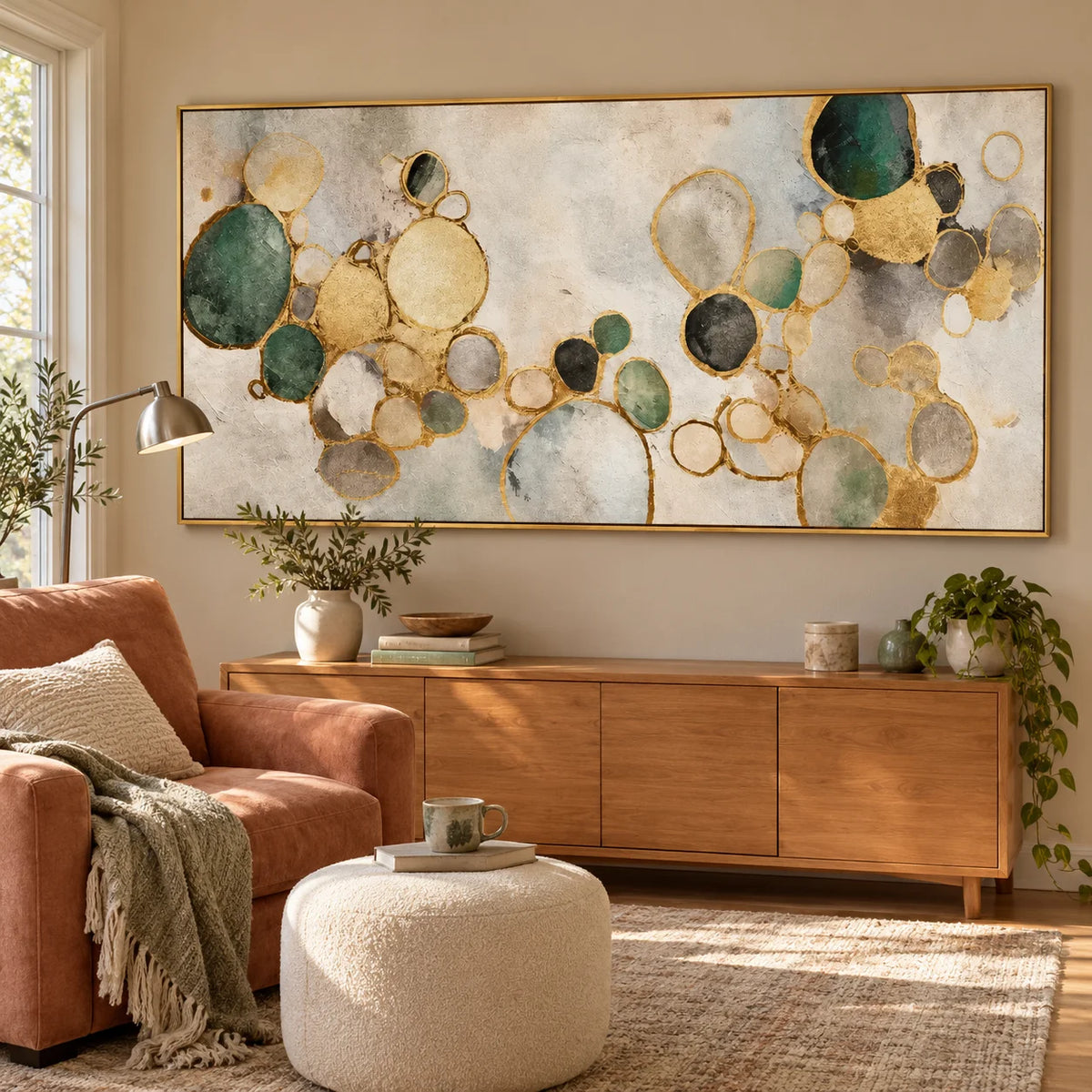 Ownanart Hand-Painted Green and Gold Abstract Oil Painting – Organic Circles, Textured Neutral Horizontal Canvas Wall Art