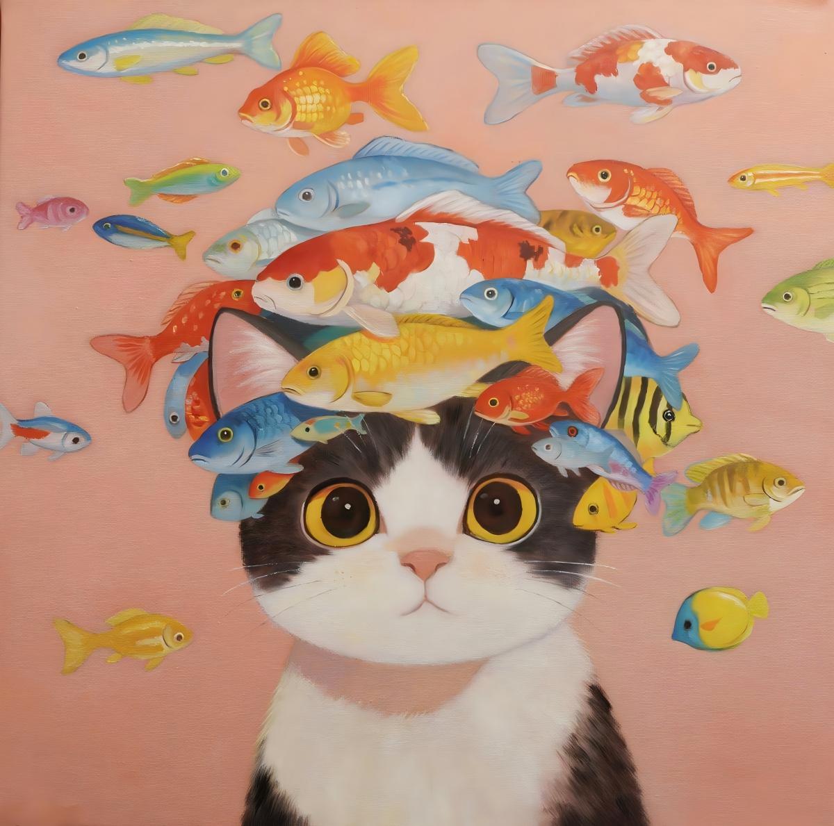Boss Cat's Fish Hat(20''x 20''/ 50 x 50 CM/Frameless Stretched)