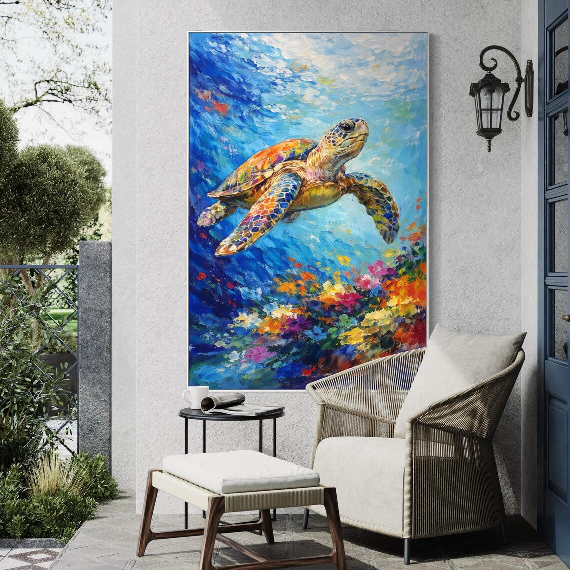 Large Colorful Sea Turtle Ocean Wall Art – Modern Underwater Marine Life Canvas Painting