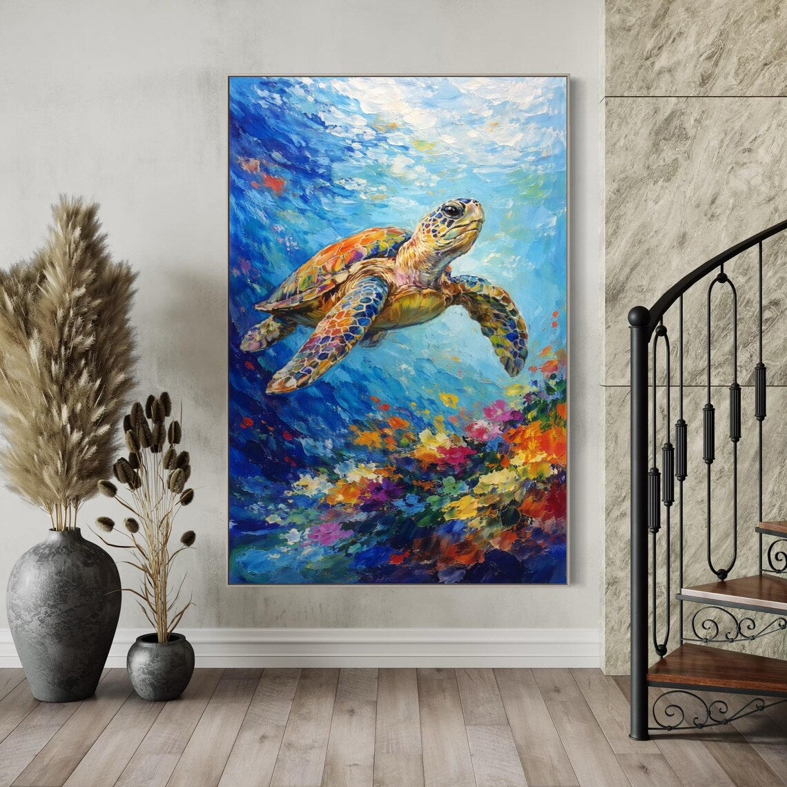 Large Colorful Sea Turtle Ocean Wall Art – Modern Underwater Marine Life Canvas Painting