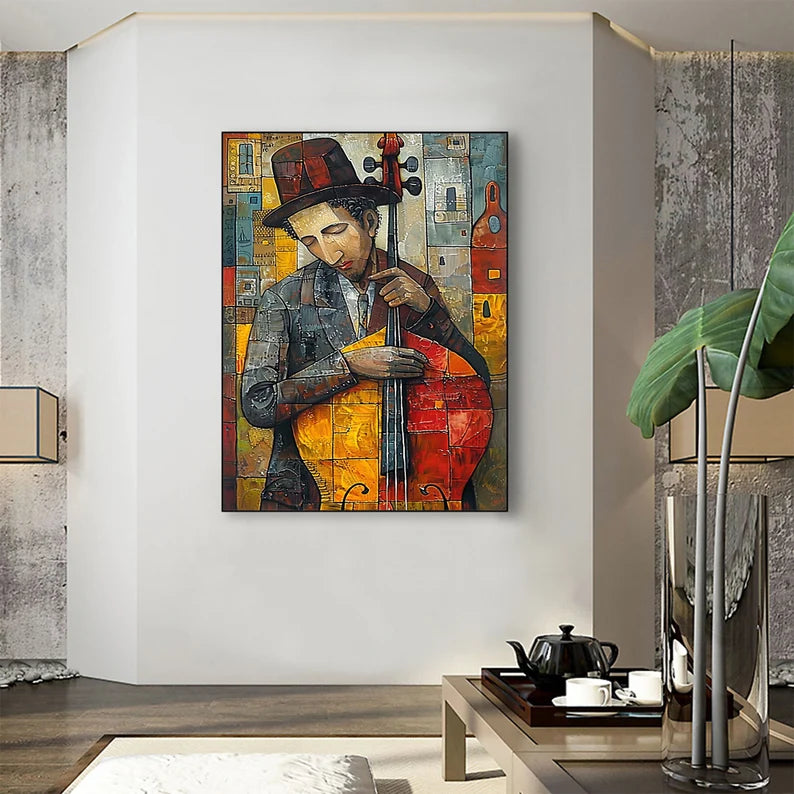 Abstract Jazz Musician Wall Art – Colorful Cellist Canvas Painting for Modern Living Room Decor