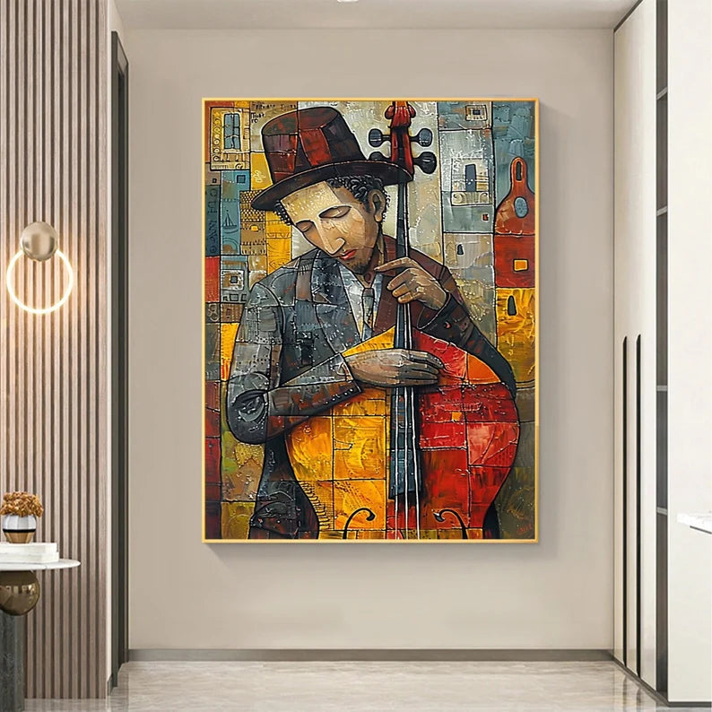 Abstract Jazz Musician Wall Art – Colorful Cellist Canvas Painting for Modern Living Room Decor