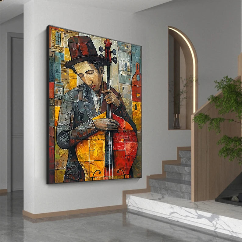 Abstract Jazz Musician Wall Art – Colorful Cellist Canvas Painting for Modern Living Room Decor