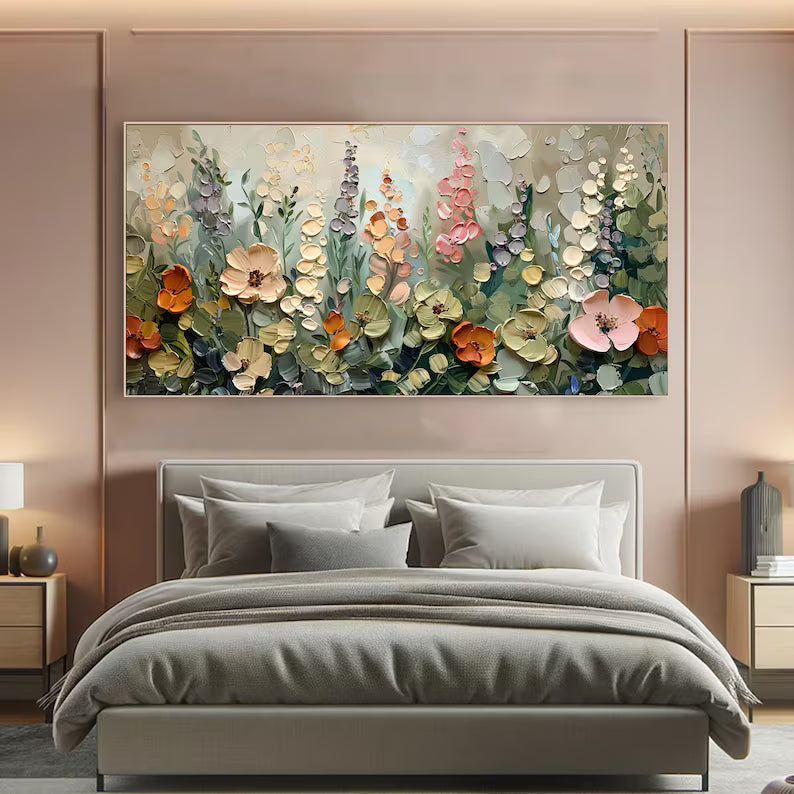 Large Modern Floral Garden Wall Art – Botanical Flower Canvas Painting for Bedroom Decor