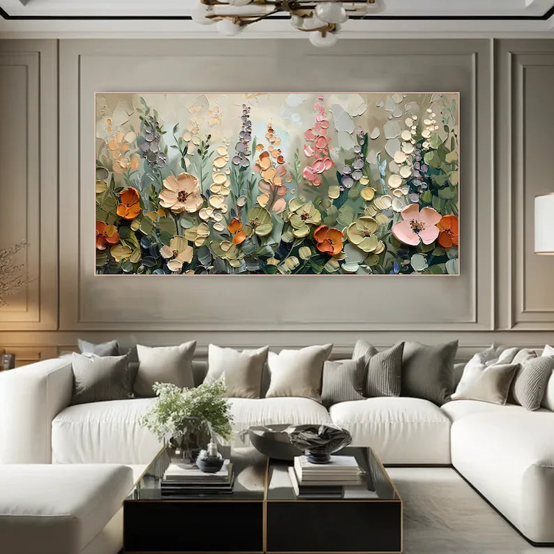 Large Modern Floral Garden Wall Art – Botanical Flower Canvas Painting for Bedroom Decor