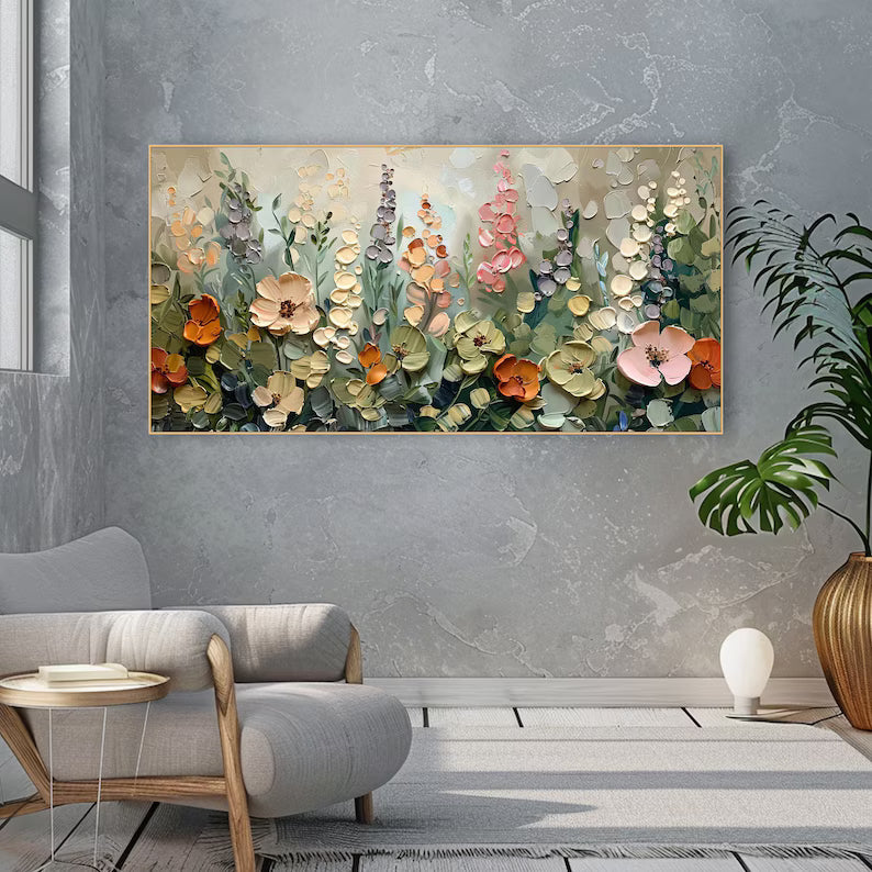 Large Modern Floral Garden Wall Art – Botanical Flower Canvas Painting for Bedroom Decor