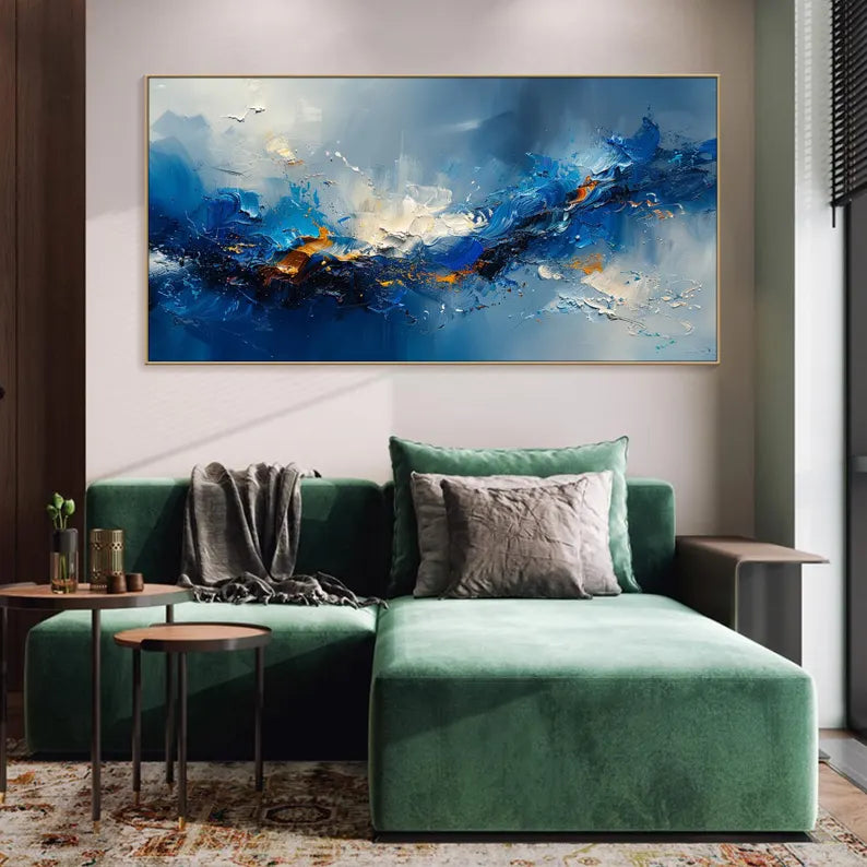 Large Blue Abstract Ocean Wave Wall Art – Modern Panoramic Canvas Painting for Living Room Decor
