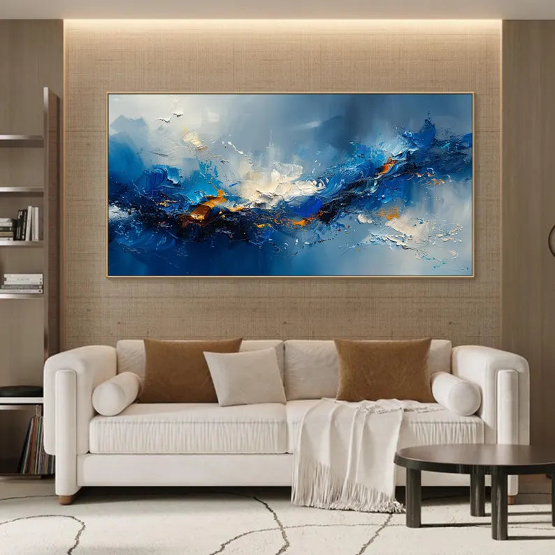 Large Blue Abstract Ocean Wave Wall Art – Modern Panoramic Canvas Painting for Living Room Decor