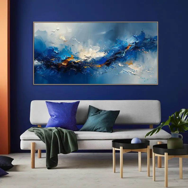 Large Blue Abstract Ocean Wave Wall Art – Modern Panoramic Canvas Painting for Living Room Decor