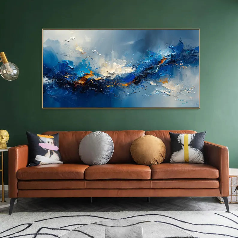 Large Blue Abstract Ocean Wave Wall Art – Modern Panoramic Canvas Painting for Living Room Decor