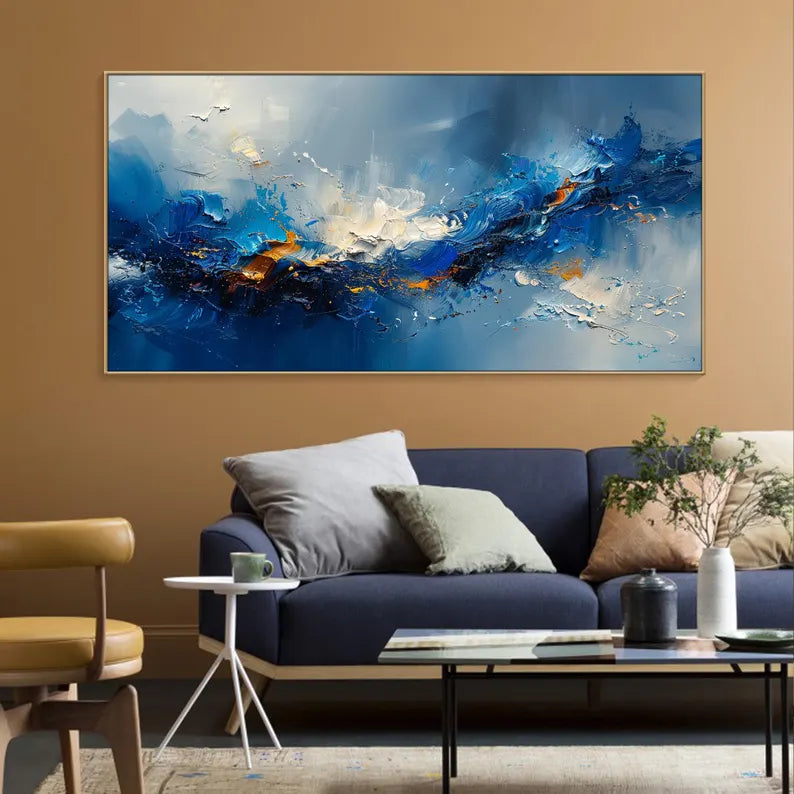 Large Blue Abstract Ocean Wave Wall Art – Modern Panoramic Canvas Painting for Living Room Decor