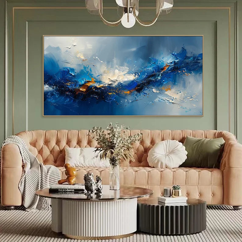 Large Blue Abstract Ocean Wave Wall Art – Modern Panoramic Canvas Painting for Living Room Decor