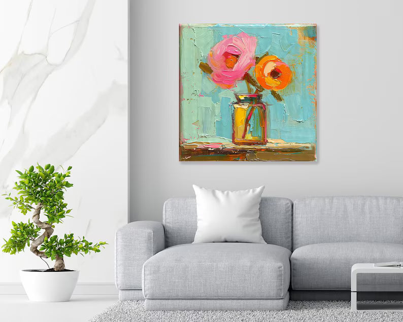 Colorful Floral Vase Wall Art – Textured Palette Knife Flower Oil Painting Canvas