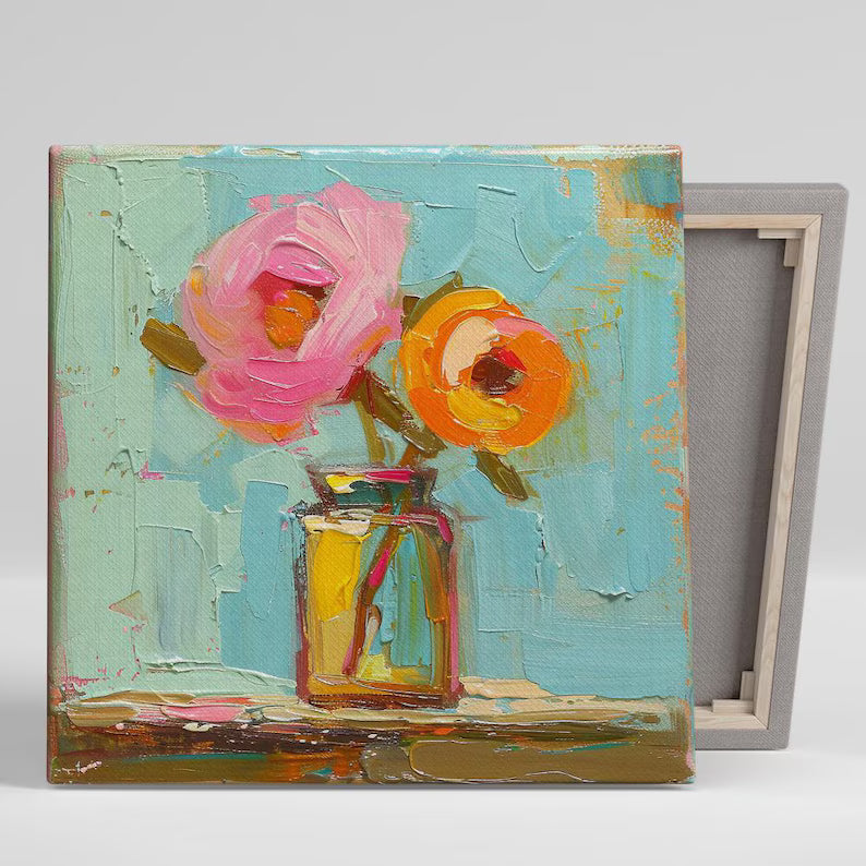 Colorful Floral Vase Wall Art – Textured Palette Knife Flower Oil Painting Canvas