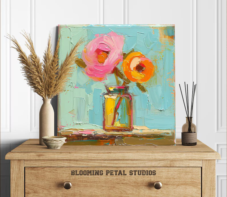 Colorful Floral Vase Wall Art – Textured Palette Knife Flower Oil Painting Canvas