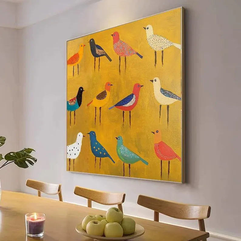 Colorful Birds Wall Art – Modern Folk Style Bird Canvas Painting for Living Room Decor