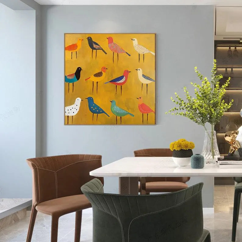Colorful Birds Wall Art – Modern Folk Style Bird Canvas Painting for Living Room Decor