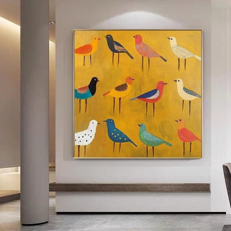 Colorful Birds Wall Art – Modern Folk Style Bird Canvas Painting for Living Room Decor