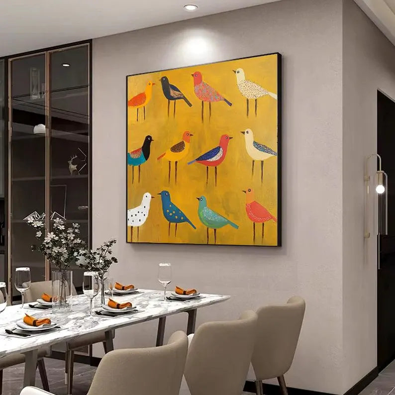 Colorful Birds Wall Art – Modern Folk Style Bird Canvas Painting for Living Room Decor