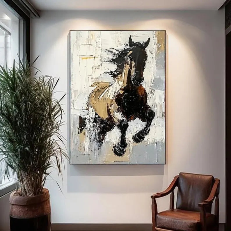 Running Horse Wall Art – Modern Abstract Equestrian Canvas Painting for Living Room Decor