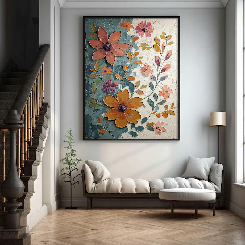 Large Colorful Floral Wall Art – Modern Botanical Canvas Painting for Living Room or Entryway Decor
