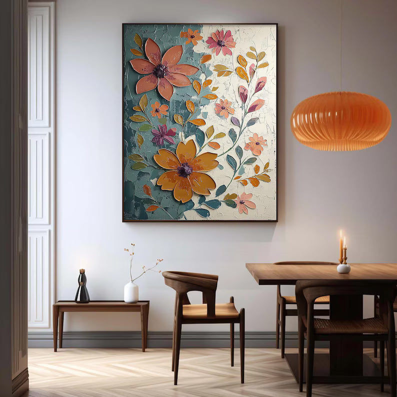 Large Colorful Floral Wall Art – Modern Botanical Canvas Painting for Living Room or Entryway Decor