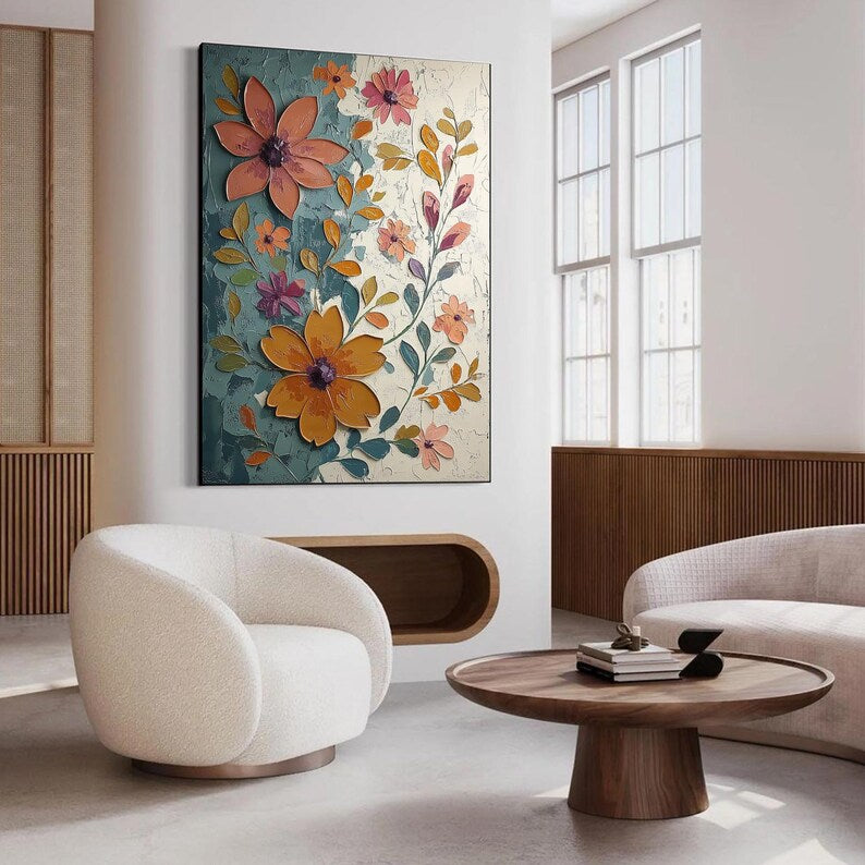 Large Colorful Floral Wall Art – Modern Botanical Canvas Painting for Living Room or Entryway Decor
