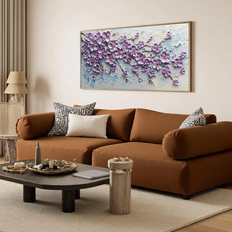 Large Purple Floral Textured Wall Art – Modern 3D Flower Canvas Painting for Living Room Decor