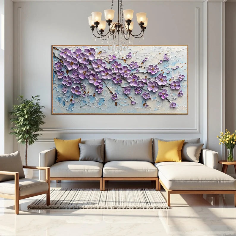 Large Purple Floral Textured Wall Art – Modern 3D Flower Canvas Painting for Living Room Decor