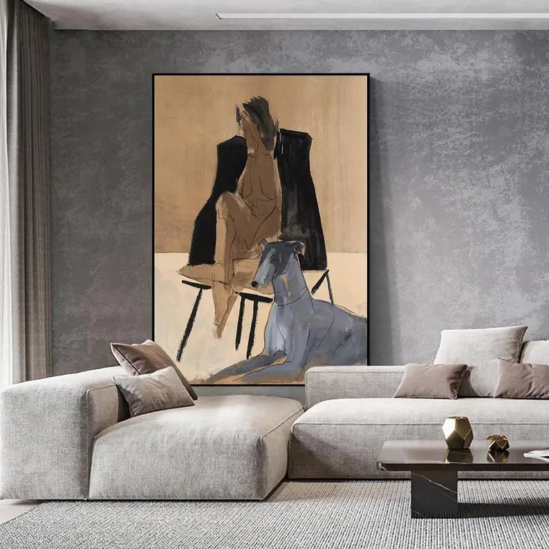 Large Contemporary Abstract Figure Wall Art – Modern Man with Dog Canvas Painting for Living Room