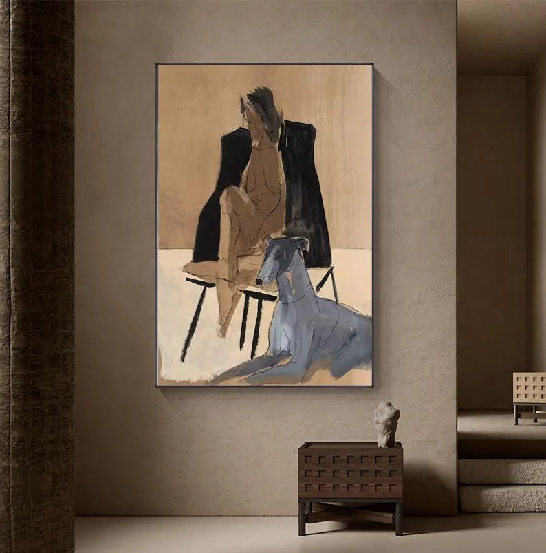 Large Contemporary Abstract Figure Wall Art – Modern Man with Dog Canvas Painting for Living Room