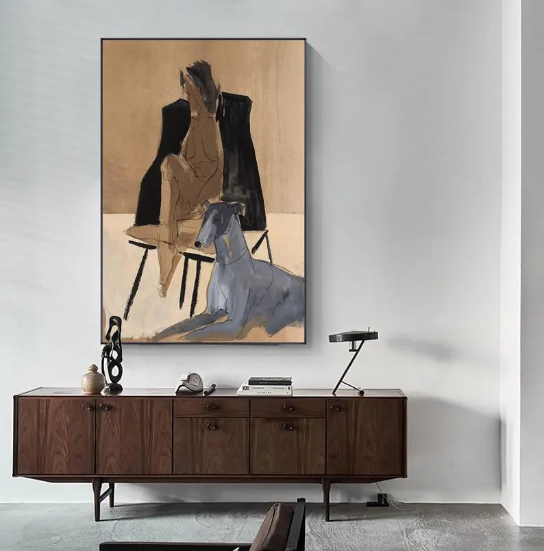 Large Contemporary Abstract Figure Wall Art – Modern Man with Dog Canvas Painting for Living Room