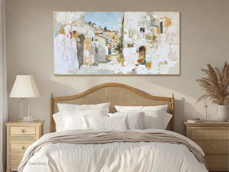 Large Mediterranean Village Wall Art – Modern Abstract European Street Canvas Painting for Living Room Decor