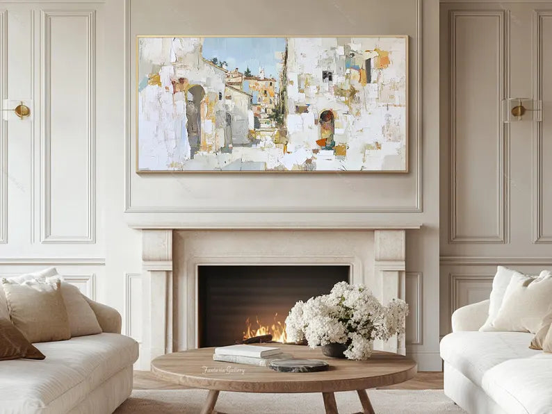 Large Mediterranean Village Wall Art – Modern Abstract European Street Canvas Painting for Living Room Decor