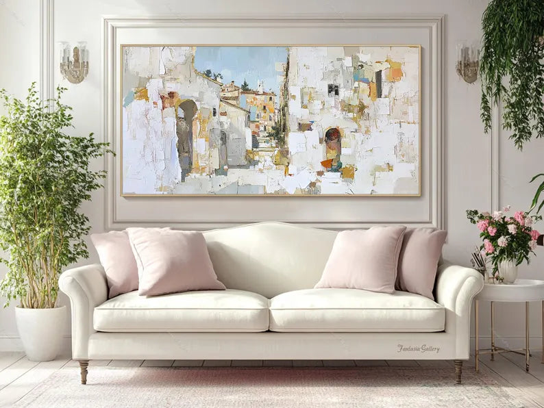 Large Mediterranean Village Wall Art – Modern Abstract European Street Canvas Painting for Living Room Decor