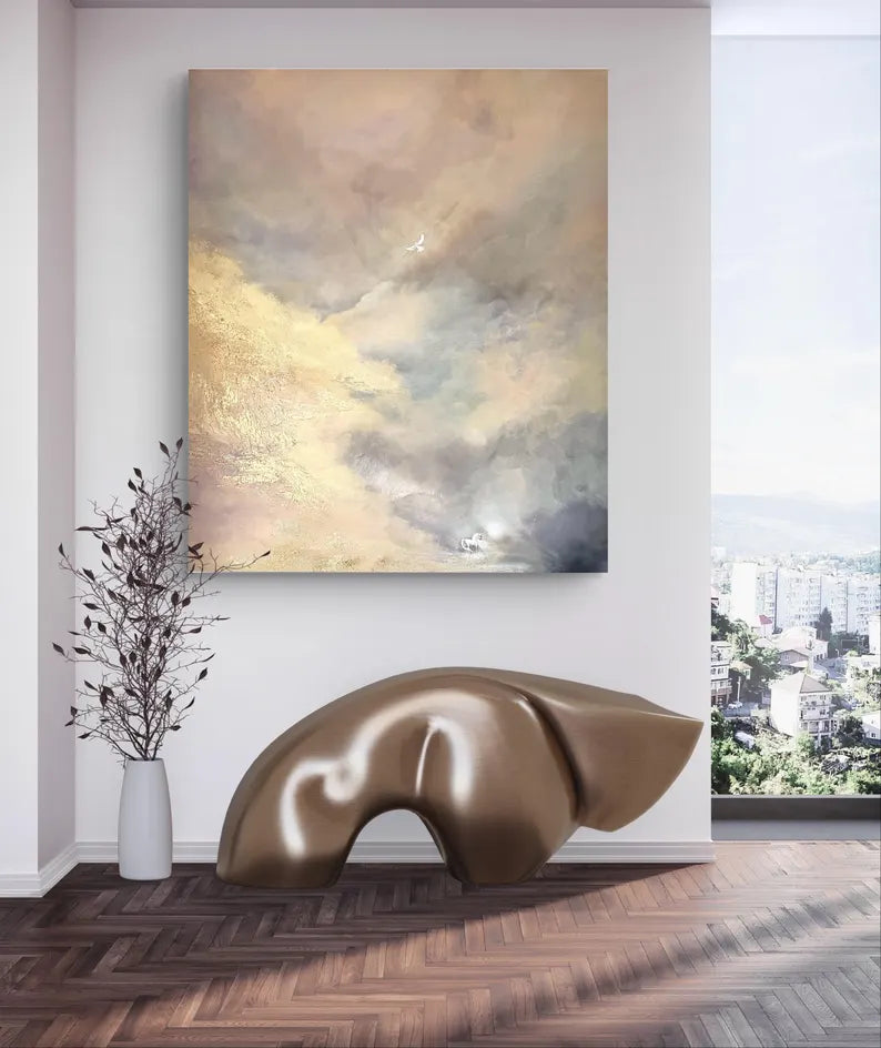 Large Neutral Abstract Cloudscape Wall Art – Modern Beige Textured Canvas Painting for Living Room Decor