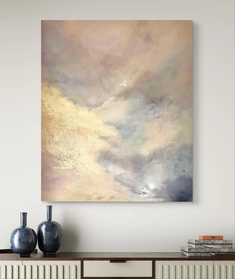 Large Neutral Abstract Cloudscape Wall Art – Modern Beige Textured Canvas Painting for Living Room Decor