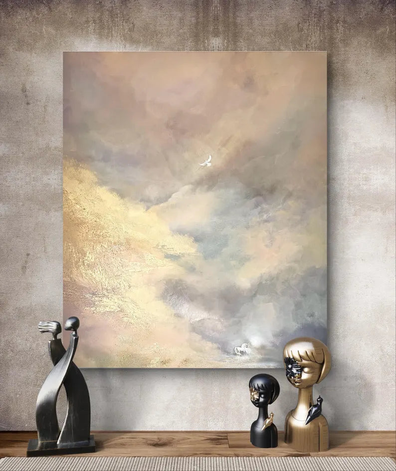 Large Neutral Abstract Cloudscape Wall Art – Modern Beige Textured Canvas Painting for Living Room Decor