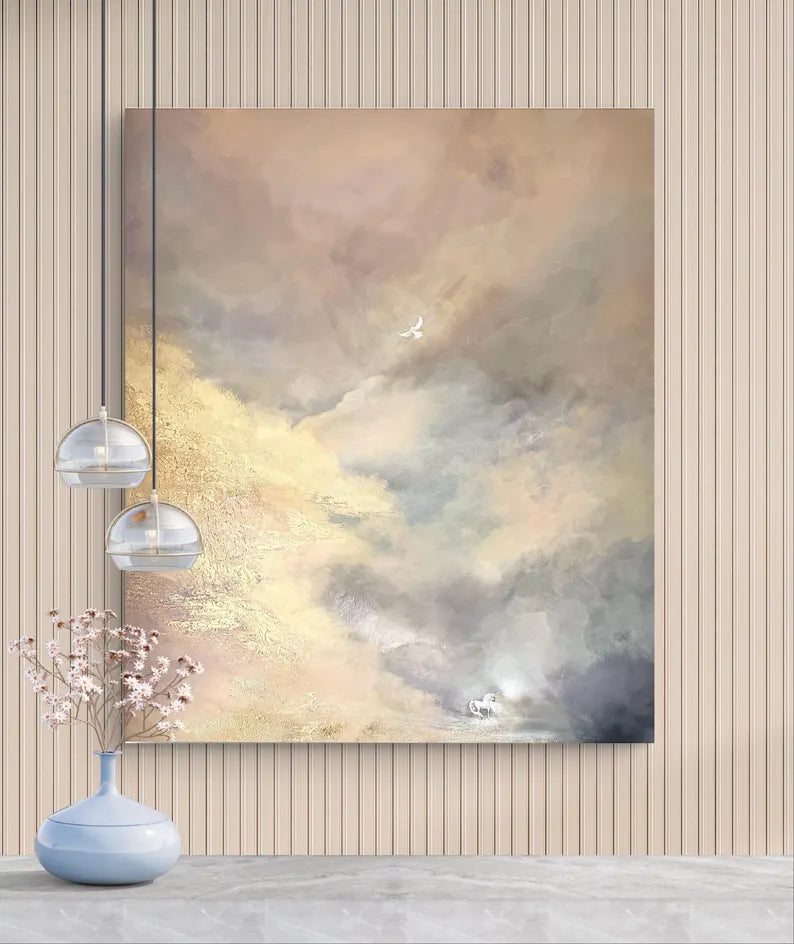 Large Neutral Abstract Cloudscape Wall Art – Modern Beige Textured Canvas Painting for Living Room Decor
