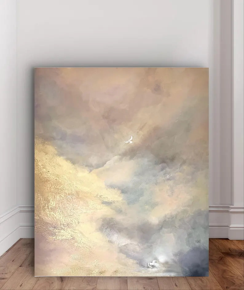 Large Neutral Abstract Cloudscape Wall Art – Modern Beige Textured Canvas Painting for Living Room Decor