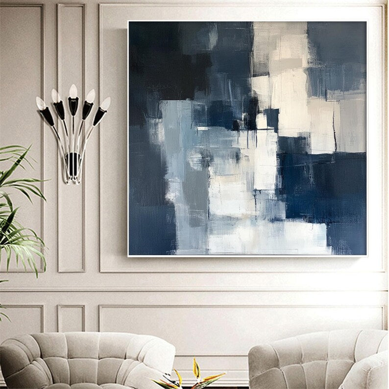 Large Blue and White Abstract Wall Art – Modern Geometric Canvas Painting for Contemporary Living Room Decor
