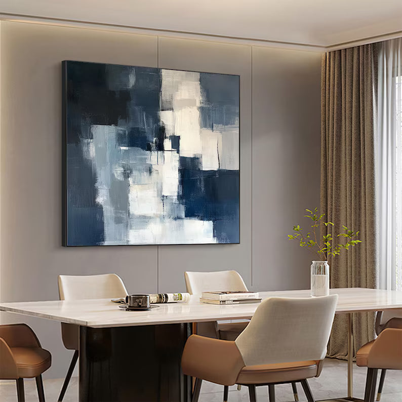 Large Blue and White Abstract Wall Art – Modern Geometric Canvas Painting for Contemporary Living Room Decor