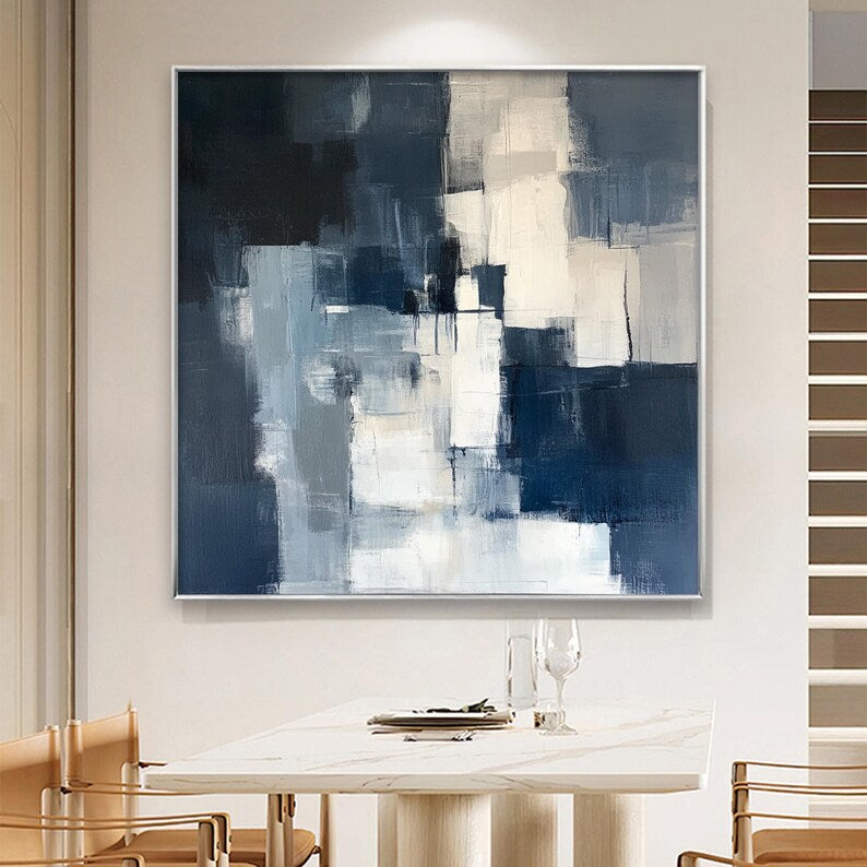 Large Blue and White Abstract Wall Art – Modern Geometric Canvas Painting for Contemporary Living Room Decor