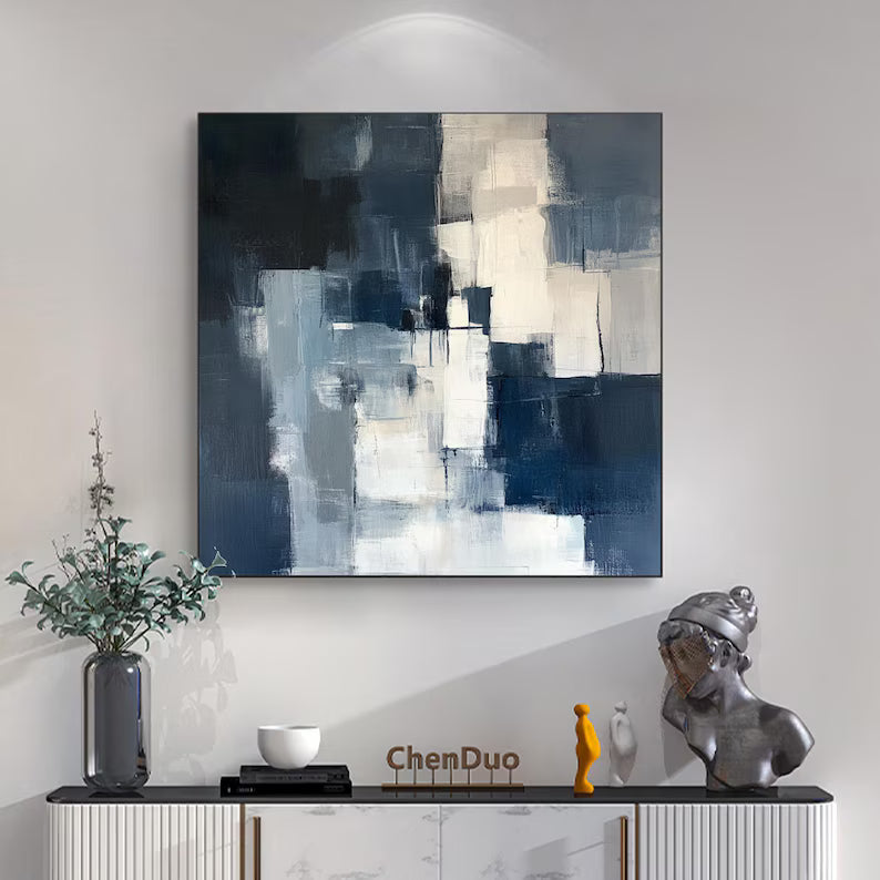 Large Blue and White Abstract Wall Art – Modern Geometric Canvas Painting for Contemporary Living Room Decor