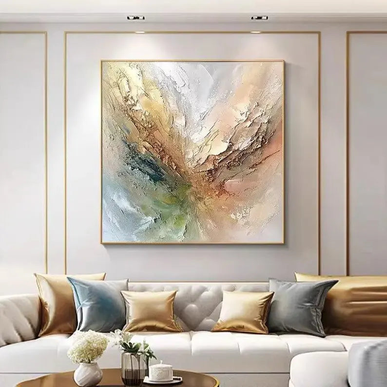 Large Neutral Abstract Explosion Wall Art – Modern Textured Canvas Painting for Living Room Decor