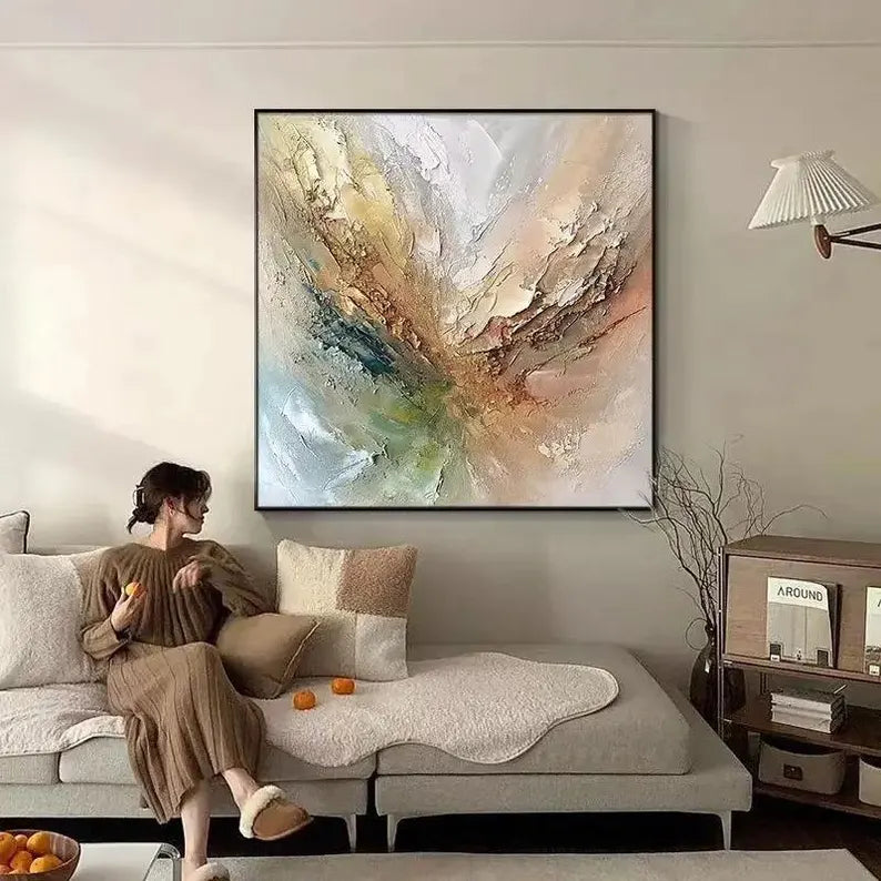 Large Neutral Abstract Explosion Wall Art – Modern Textured Canvas Painting for Living Room Decor