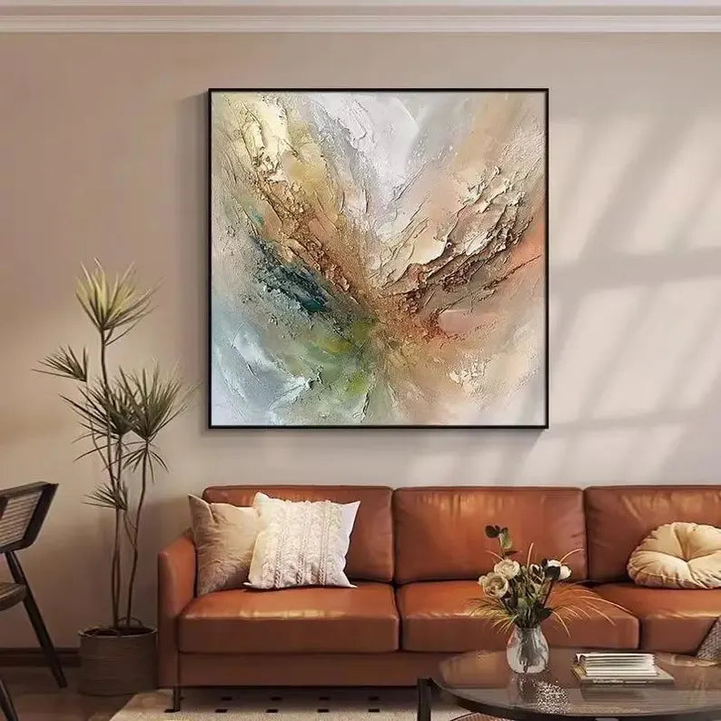 Large Neutral Abstract Explosion Wall Art – Modern Textured Canvas Painting for Living Room Decor
