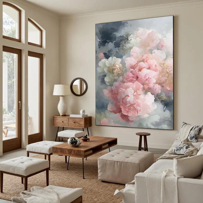 Large Pink Peony Floral Wall Art – Elegant Botanical Canvas Painting for Living Room
