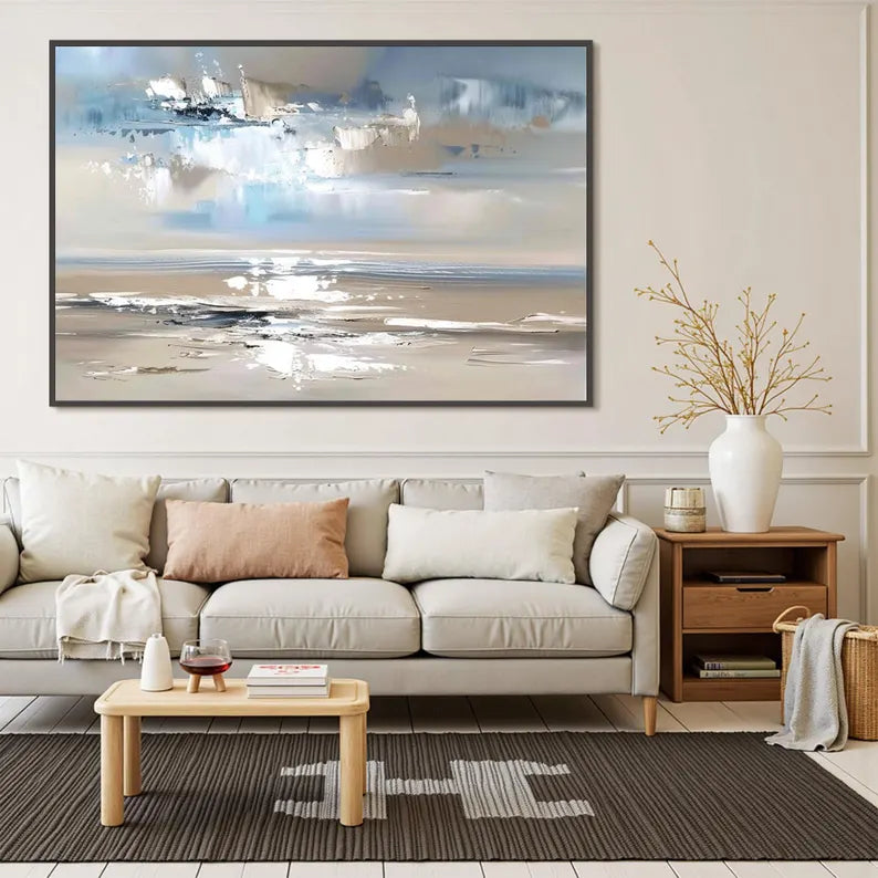 Abstract Coastal Seascape Wall Art – Modern Ocean Landscape Painting for Living Room Decor