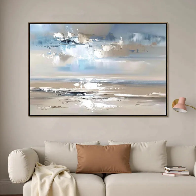 Abstract Coastal Seascape Wall Art – Modern Ocean Landscape Painting for Living Room Decor